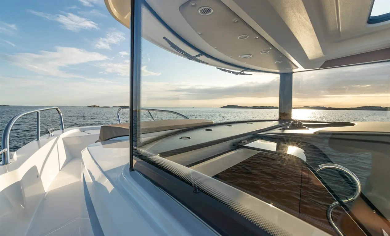 Luxury yacht cockpit view with glass windows overlooking calm sea and distant islands during sunset. Elegant design elements visible.